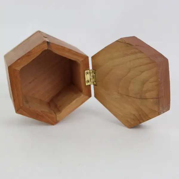 Vintage Carved Wood Hexagonal Flower Trinket Box 4in