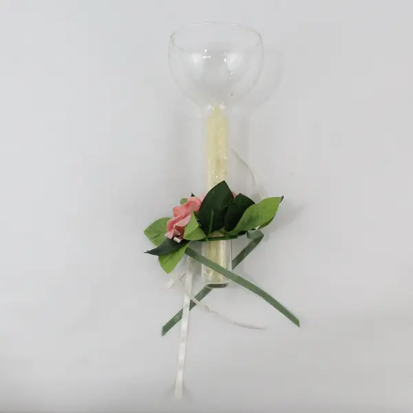 Tall Glass Candle Holder w/Candle &  Floral Attachment on Bottom