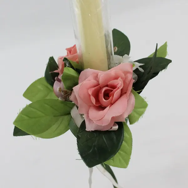 Tall Glass Candle Holder w/Candle &  Floral Attachment on Bottom