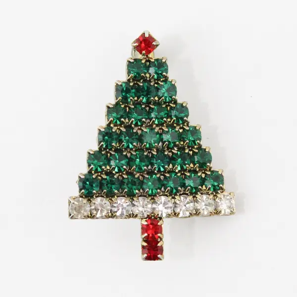 Vintage Christmas Tree Rhinestone Brooch Pin Green Red Costume Jewelry