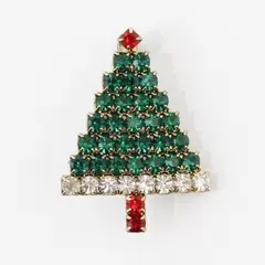 Vintage Christmas Tree Rhinestone Brooch Pin Green Red Costume Jewelry