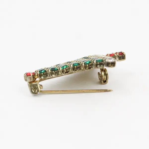 Vintage Christmas Tree Rhinestone Brooch Pin Green Red Costume Jewelry
