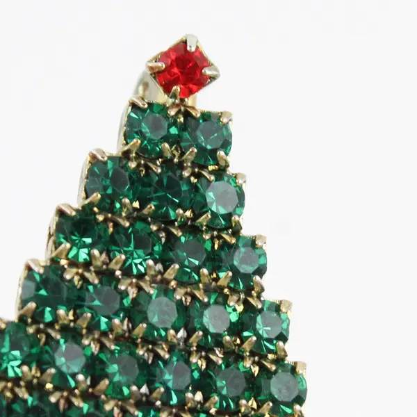 Vintage Christmas Tree Rhinestone Brooch Pin Green Red Costume Jewelry