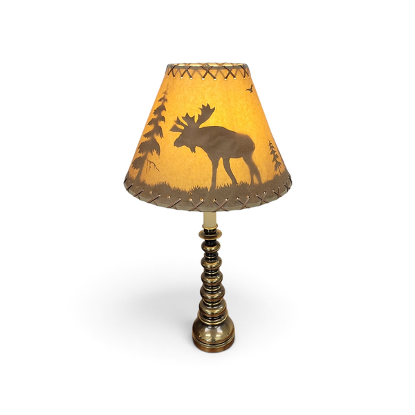 Vintage Rustic Moose Lodge Table Lamp Brass Tone Laced Scenic Shade
