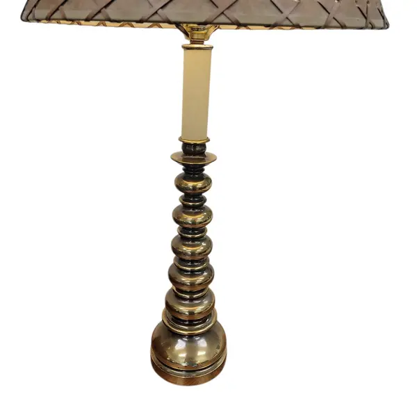 Vintage Rustic Moose Lodge Table Lamp Brass Tone Laced Scenic Shade