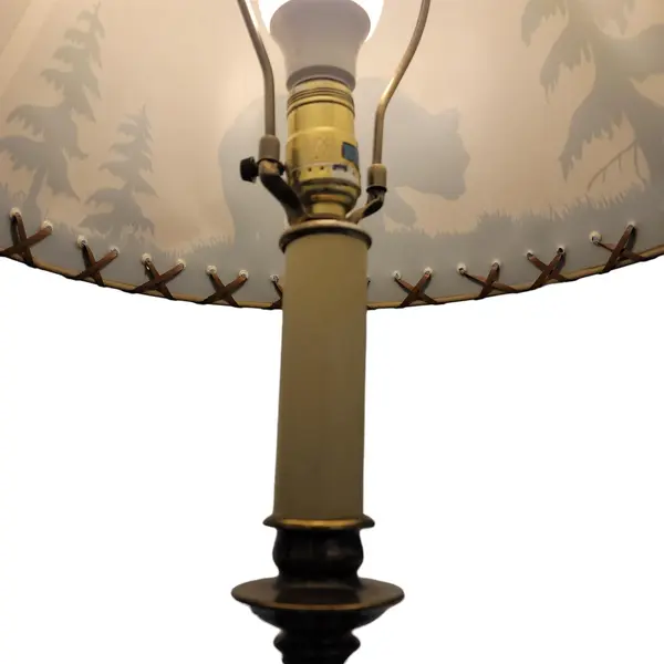 Vintage Rustic Moose Lodge Table Lamp Brass Tone Laced Scenic Shade