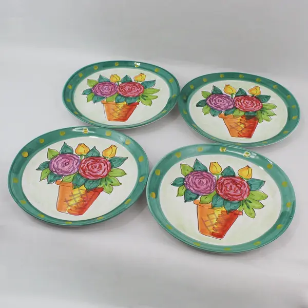 The Cellar Set of 4 Hand Painted Dinner Plates Potted Flowers 11.5" Italy