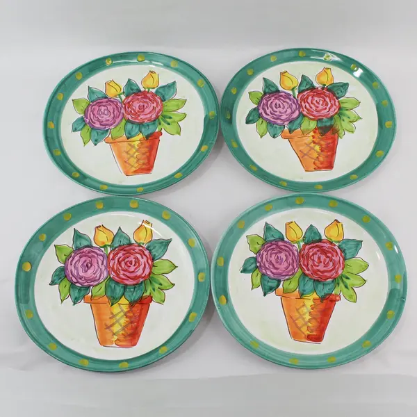 The Cellar Set of 4 Hand Painted Dinner Plates Potted Flowers 11.5" Italy