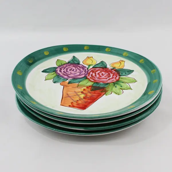 The Cellar Set of 4 Hand Painted Dinner Plates Potted Flowers 11.5" Italy