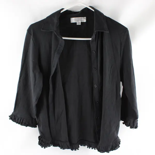 Carolyn Taylor Essentials M Black Long Sleeve Button Up with Ruffled Hem