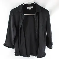 Carolyn Taylor Essentials M Black Long Sleeve Button Up with Ruffled Hem