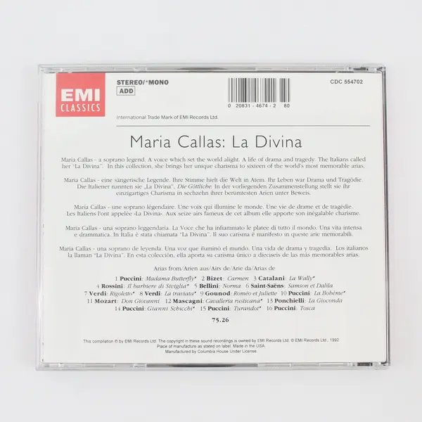 Maria Callas La Divina CD Compilation Opera EMI Classics 1992 CD