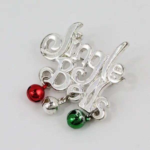Jingle Bells Christmas Brooch Pin Silver Tone Red Green Holiday