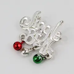 Jingle Bells Christmas Brooch Pin Silver Tone Red Green Holiday