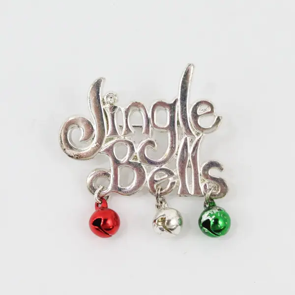 Jingle Bells Christmas Brooch Pin Silver Tone Red Green Holiday