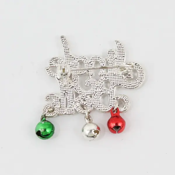 Jingle Bells Christmas Brooch Pin Silver Tone Red Green Holiday