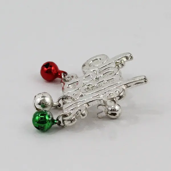 Jingle Bells Christmas Brooch Pin Silver Tone Red Green Holiday