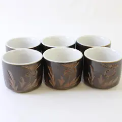 Set of 6 Nagoya National Silver Brown Glaze Embossed Thistle Teacups Japan