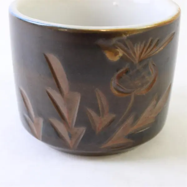 Set of 6 Nagoya National Silver Brown Glaze Embossed Thistle Teacups Japan