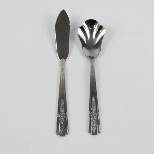 Set of 2 Pfaltzgraff Hibiscus Stainless Flatware (Butter Spreader + Sugar Spoon)