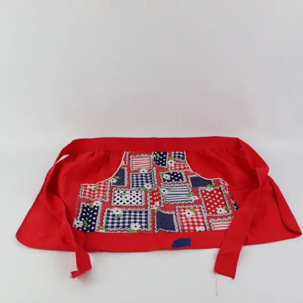 Vintage Handmade Red White Navy Floral Print Half-Apron FLAWED