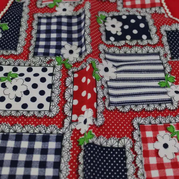 Vintage Handmade Red White Navy Floral Print Half-Apron FLAWED