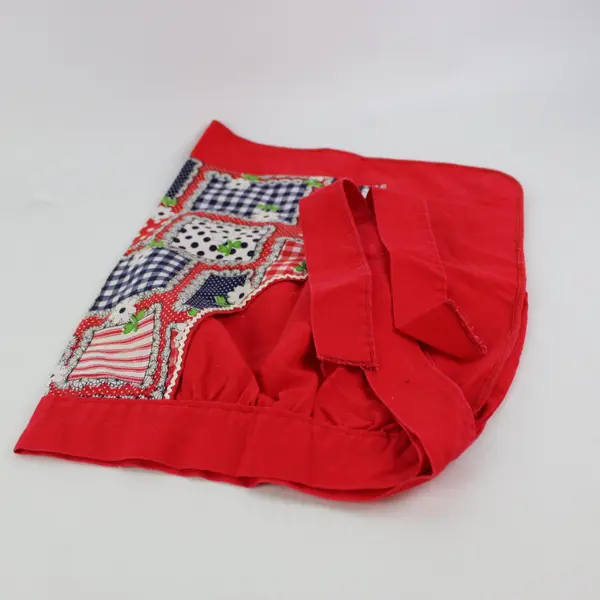 Vintage Handmade Red White Navy Floral Print Half-Apron FLAWED