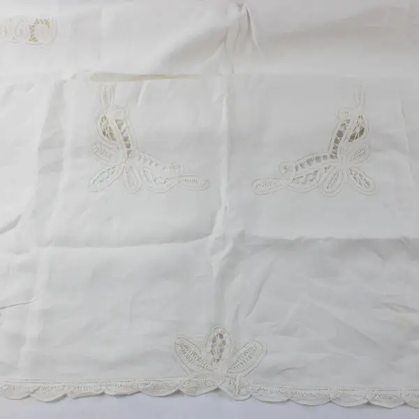 Vintage White Embroidered Cutwork Square Tablecloth 34x34 FLAWED