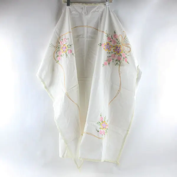 Vintage Pastel Floral Embroidered White Square Tablecloth 35"x35" FLAWED