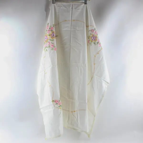 Vintage Pastel Floral Embroidered White Square Tablecloth 35"x35" FLAWED