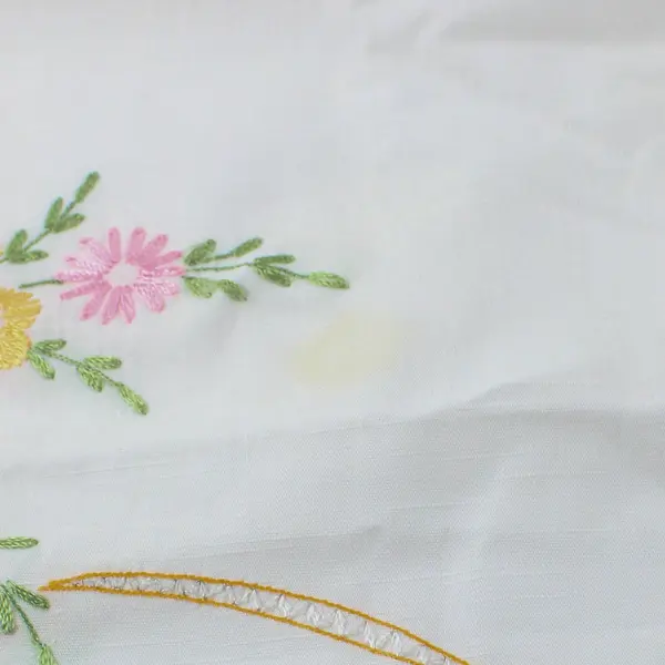 Vintage Pastel Floral Embroidered White Square Tablecloth 35"x35" FLAWED