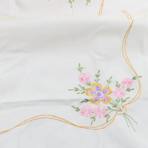 Vintage Pastel Floral Embroidered White Square Tablecloth 35"x35" FLAWED