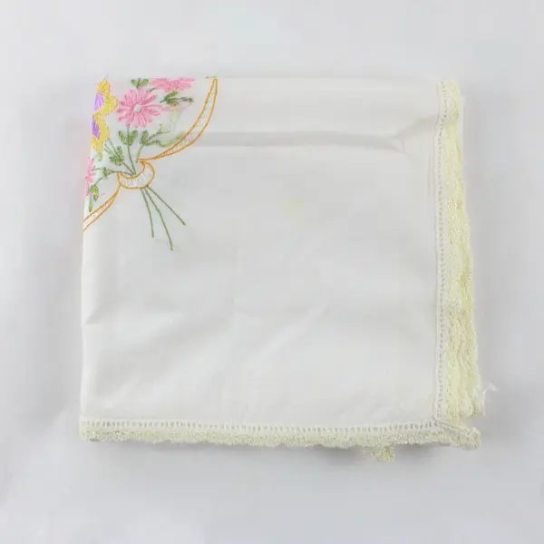 Vintage Pastel Floral Embroidered White Square Tablecloth 35"x35" FLAWED