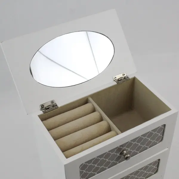 White Wood Jewelry Box Mini Dresser Top Lid Mirror 2 Drawer Storage