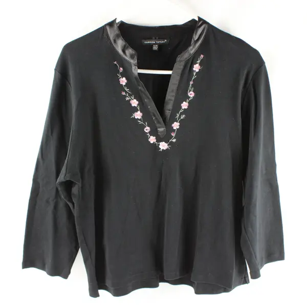 Carolyn Taylor Women’s Black Floral Embroidered V-Neck Long Sleeve Top XL