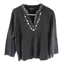 Carolyn Taylor Women’s Black Floral Embroidered V-Neck Long Sleeve Top XL