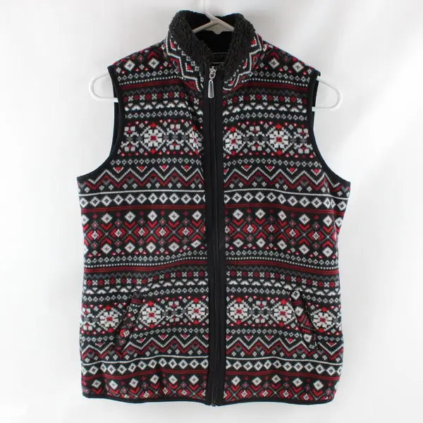 Karen Scott Women's XS Red Gray Fair Isle Fleece Full Zip Vest