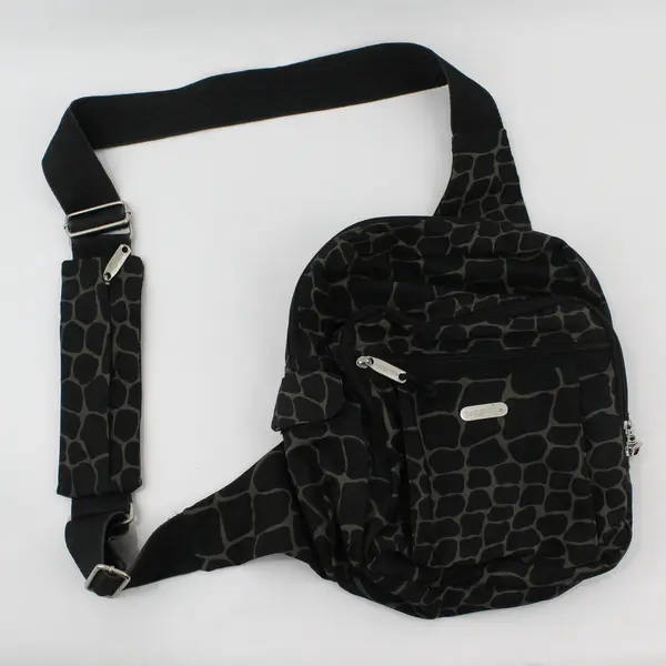 Baggallini Black Gray Animal Print Sling Backpack Silver Zips