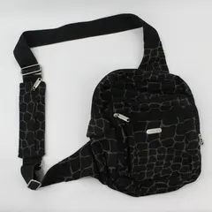 Baggallini Black Gray Animal Print Sling Backpack Silver Zips