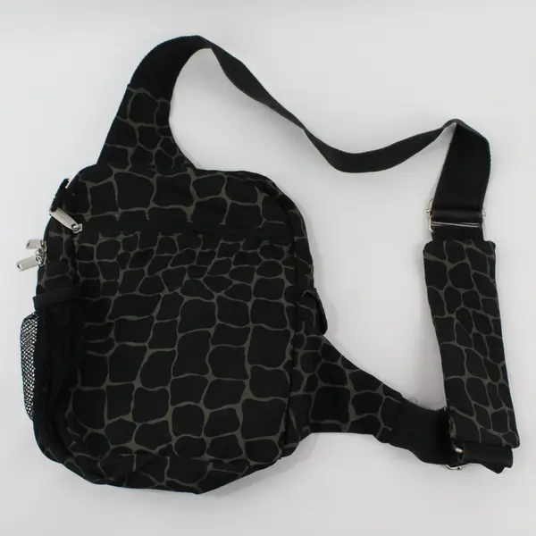 Baggallini Black Gray Animal Print Sling Backpack Silver Zips