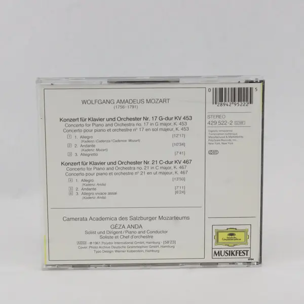 Wolfgang Amadeus Mozart Piano Concertos No. 17 K. 453/No. 21 K. 467 Geza Anda CD