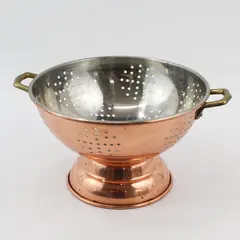 Vintage 9in Copper Footed Colander Strainer Brass Handles Farmhouse Decor