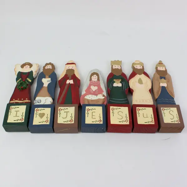 TJ Carver VTG 7-Piece Wooden Nativity Set I Love Jesus Christmas