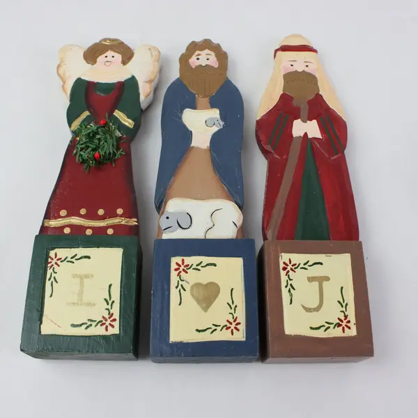 TJ Carver VTG 7-Piece Wooden Nativity Set I Love Jesus Christmas