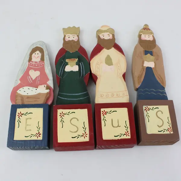 TJ Carver VTG 7-Piece Wooden Nativity Set I Love Jesus Christmas
