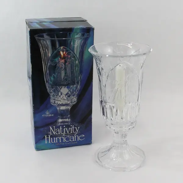 St George Crystal Christmas Nativity 2 Piece Hurricane Candle Holder