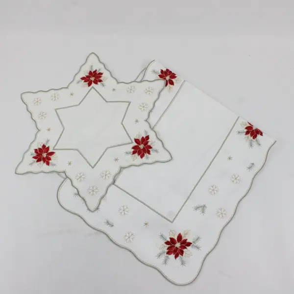 Lot of 2 Yesteryear Poinsettia Embroidered White Christmas Doilies