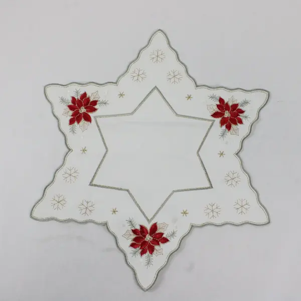 Lot of 2 Yesteryear Poinsettia Embroidered White Christmas Doilies