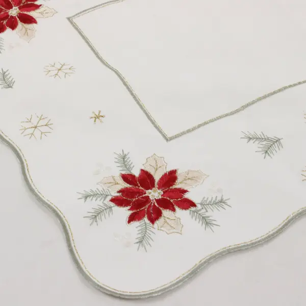 Lot of 2 Yesteryear Poinsettia Embroidered White Christmas Doilies