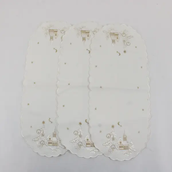 Set of 3 Yesteryear Gold Embroidered White Christmas Doilies 7.75"x17.5"